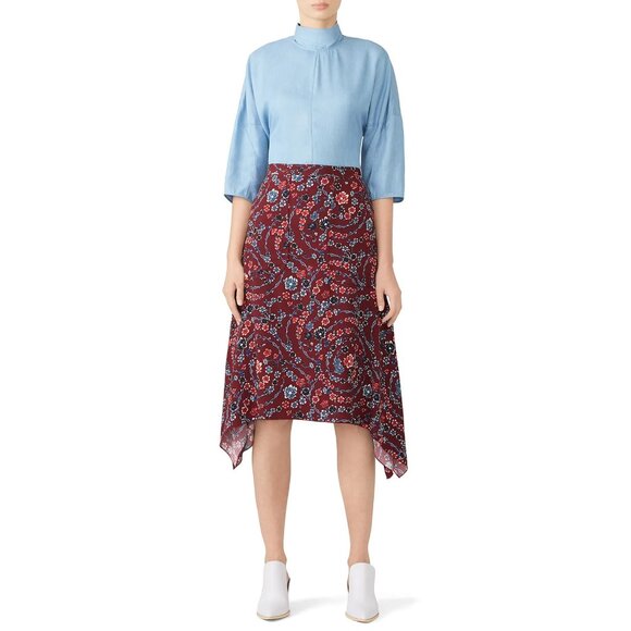 See By Chloe Burgundy Red Floral Ribbons Print Midi Skirt sz 44